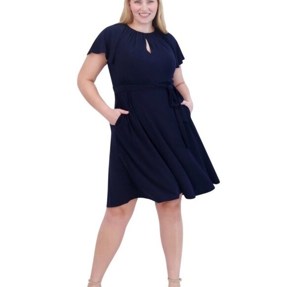 New Jessica Howard Plus Size 22W Navy Blue Keyhole Fit & Flare Dress Jersey Knit - Picture 1 of 12